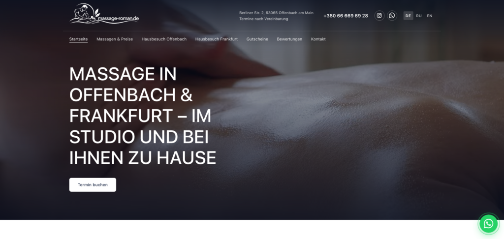 Головна сторінка сайту massage-roman.de з онлайн-записом на масаж