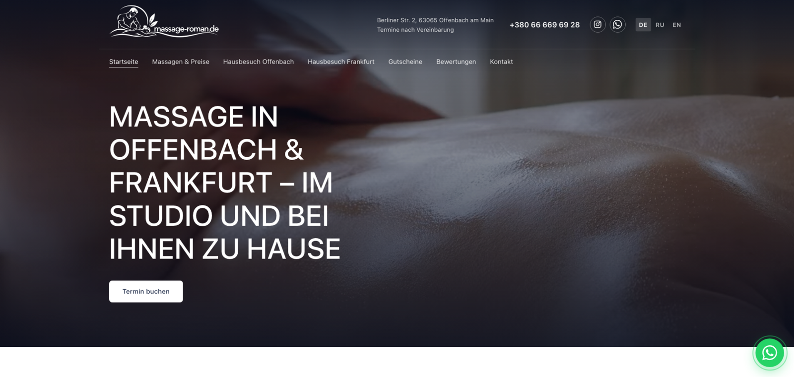 Головна сторінка сайту massage-roman.de з онлайн-записом на масаж